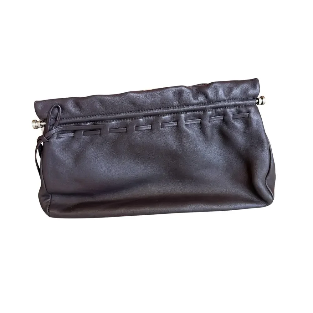 Ann Taylor Ruffled Leather Clutch Bag Chocolate Brown